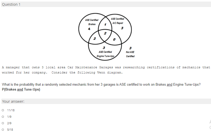 Question 1
ASE Certified
ASE Certified
Brakes
A/C Repair
3
ASE Certified
Not ASE
Engine Tune-Ups
Certified
A manager that owns 3 local area Car Maintenance Garages was researching certifications of mechanics that
worked for her company.
Consider the following Venn diagram.
What is the probability that a randomly selected mechanic from her 3 garages is ASE certified to work on Brakes and Engine Tune-Ups?
P(Brakes and Tune-Ups)
Your answer:
11/18
O 1/9
O 2 /9
5/18

