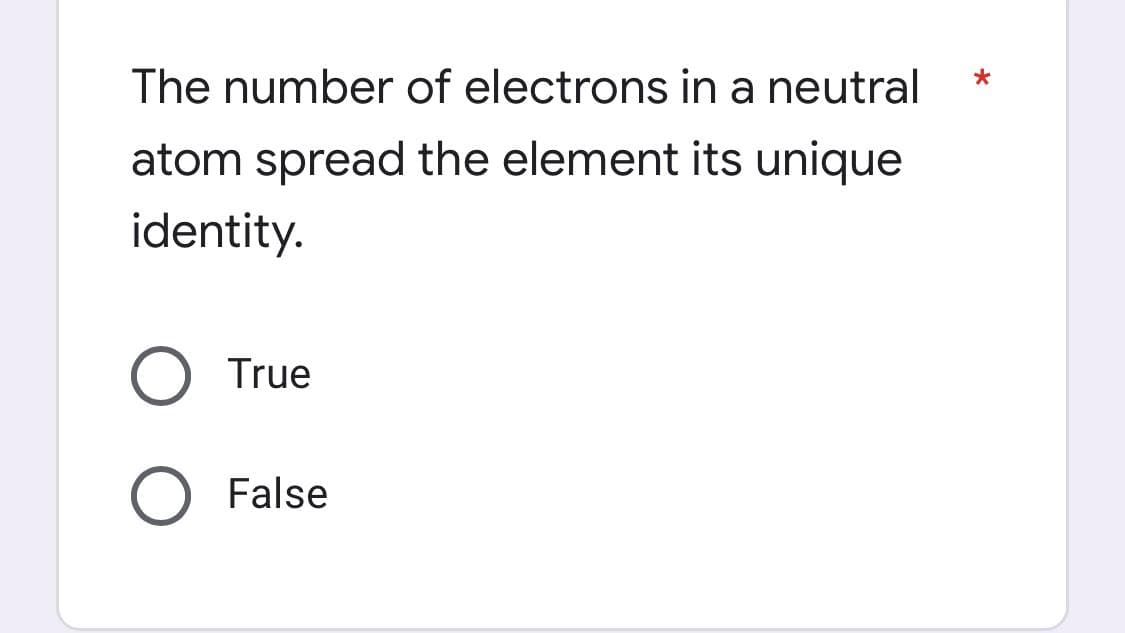 The number of electrons in a neutral
atom spread the element its unique
identity.
True
False
