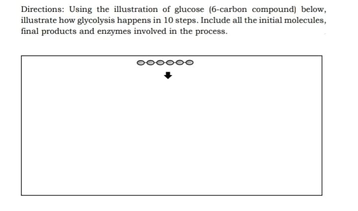 Directions: Using the illustration of glucose (6-carbon compound) below,
illustrate how glycolysis happens in 10 steps. Include all the initial molecules,
final products and enzymes involved in the process.
oooo