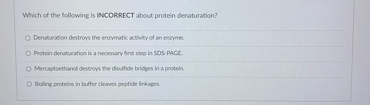Which of the following is INCORRECT about protein denaturation?
O Denaturation destroys the enzymatic activity of an enzyme.
O Protein denaturation is a necessary first step in SDS-PAGE.
O Mercaptoethanol destroys the disulfide bridges in a protein.
O Boiling proteins in buffer cleaves peptide linkages.
