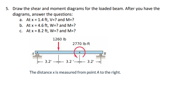 5. Draw the shear and moment diagrams for the loaded beam. After you have the
diagrams, answer the questions:
a. At x = 1.4 ft, V=? and M=?
b. At x = 4.6 ft, W=? and M=?
c. At x = 8.2 ft, W=? and M=?
1260 lb
2770 lb-ft
3.2'
·3.2¹3.2.
B
The distance x is measured from point A to the right.