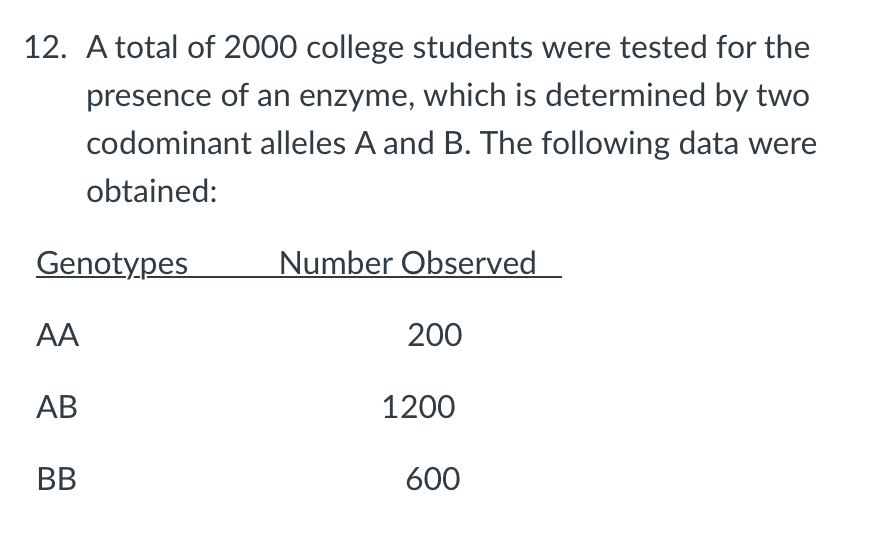 12. A total of 2000 college students were tested for the
presence of an enzyme, which is determined by two
codominant alleles A and B. The following data were
obtained:
Genotypes
AA
AB
BB
Number Observed
200
1200
600