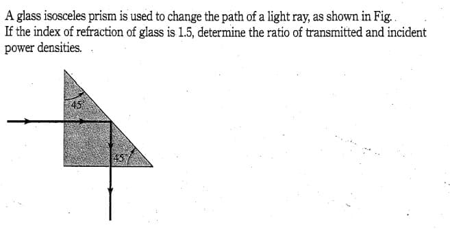 A glass isosceles prism is used to change the path of a light ray, as shown in Fig..
If the index of refraction of glass is 1.5, determine the ratio of transmitted and incident
power densities.
45