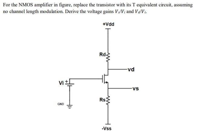 For the NMOS amplifier in figure, replace the transistor with its T equivalent circuit, assuming
no channel length modulation. Derive the voltage gains Vs/Vi and Vd/Vi.
Vi+
GND
+Vdd
Rd
www
Rs:
-Vss
-vd
-VS