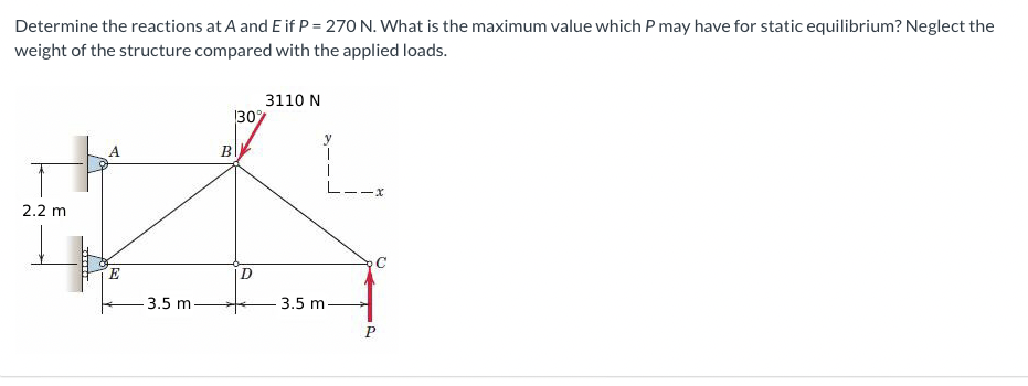 Determine the reactions at A and E if P = 270 N. What is the maximum value which P may have for static equilibrium? Neglect the
weight of the structure compared with the applied loads.
3110 N
30%
B
L--x
2.2 m
E
3.5 m
3.5 m.
