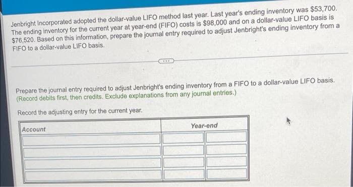 Jenbright Incorporated adopted the dollar-value LIFO method last year. Last year's ending inventory was $53,700.
The ending inventory for the current year at year-end (FIIFO) costs is $98,000 and on a dollar-value LIFO basis is
$76,520. Based on this information, prepare the journal entry required to adjust Jenbright's ending inventory from a
FIFO to a dollar-value LIFO basis.
Prepare the journal entry required to adjust Jenbright's ending inventory from a FIFO to a dollar-value LIFO basis.
(Record debits first, then credits. Exclude explanations from any journal entries.)
Record the adjusting entry for the current year.
Account
Year-end
