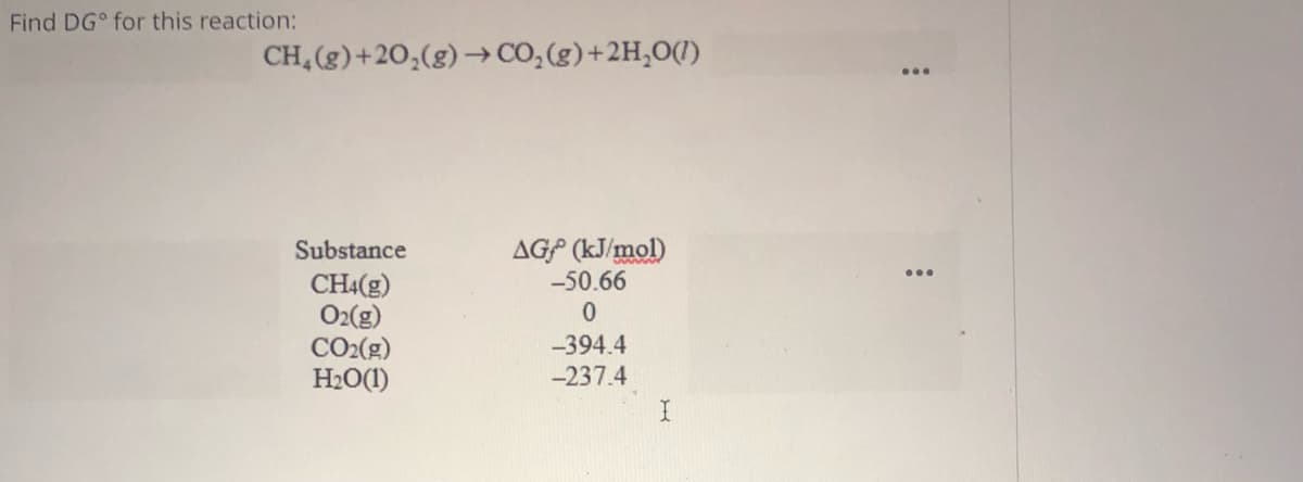 Find DG° for this reaction:
CH,(g)+20,(g) –CO,(g)+2H,O(1)
AGP (kJ/mol)
-50.66
Substance
CH4(g)
O2(g)
CO2(g)
H2O(1)
-394.4
-237.4

