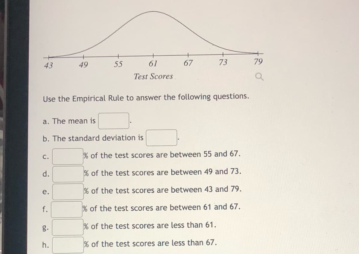 +
43
55
61
67
73
79
Test Scores
Use the Empirical Rule to answer the following questions.
a. The mean is
b. The standard deviation is
С.
% of the test scores are between 55 and 67.
d.
% of the test scores are between 49 and 73.
е.
% of the test scores are between 43 and 79.
f.
% of the test scores are between 61 and 67.
g.
% of the test scores are less than 61.
h.
% of the test scores are less than 67.
49
