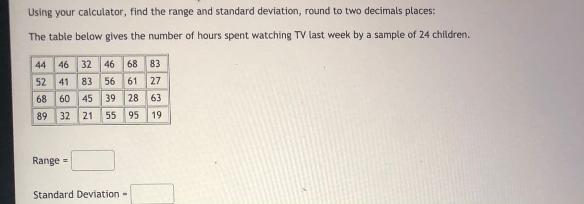 Using your calculator, find the range and standard deviation, round to two decimals places:
The table below gives the number of hours spent watching TV last week by a sample of 24 children.
44
46
32
46 68
83
52 41
83
56 61 27
68
60 45
39
28
63
89
32
21
55
95
19
Range =
Standard Deviation =
%3D
