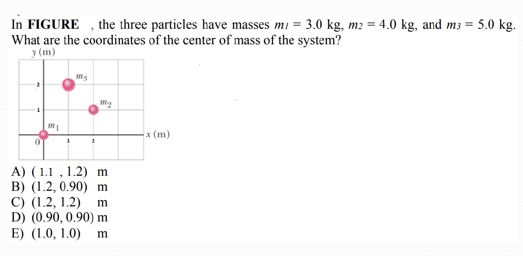 In FIGURE
What are the coordinates of the center of mass of the system?
у (m)
the three particles have masses mi =
3.0 kg, m2 =
4.0 kg, and m3 =
5.0 kg.
m3
2
m2
1
m1
x (m)
1
A) ( 1.1 , 1.2) m
В) (1.2, 0.90) nm
С) (1.2, 1.2)
D) (0.90, 0.90) m
E) (1.0, 1.0)
m
