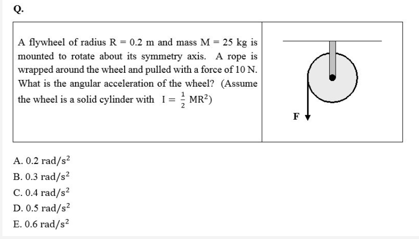 A flywheel of radius R = 0.2 m and mass M = 25 kg is
mounted to rotate about its symmetry axis. A rope is
wrapped around the wheel and pulled with a force of 10 N.
What is the angular acceleration of the wheel? (Assume
the wheel is a solid cylinder with I = MR?)
F
A. 0.2 rad/s?
B. 0.3 rad/s?
C. 0.4 rad/s?
D. 0.5 rad/s?
E. 0.6 rad/s?
