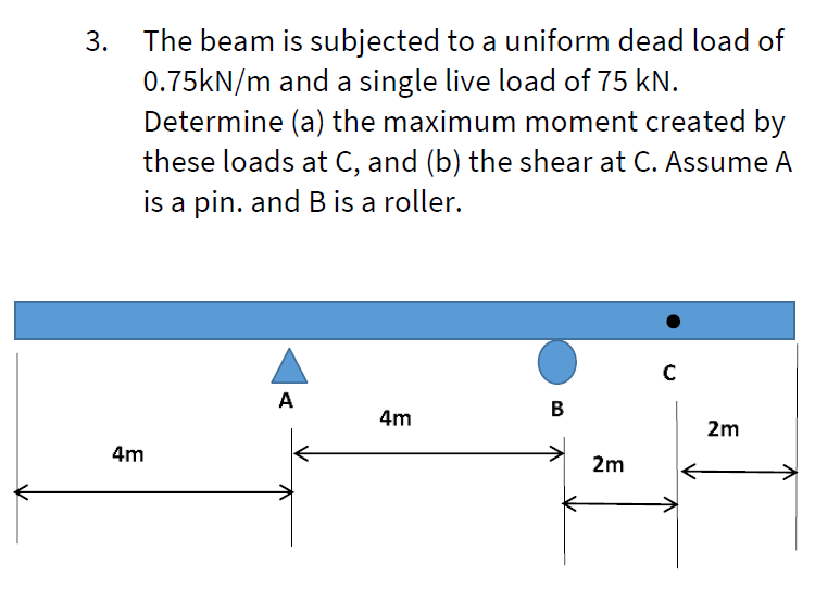 The beam is subjected to a uniform dead load of
0.75KN/m and a single live load of 75 kN.
Determine (a) the maximum moment created by
these loads at C, and (b) the shear at C. Assume A
is a pin. and B is a roller.
3.
C
A
В
4m
2m
4m
2m
