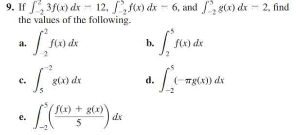 9. If 3f(x) dx = 12, ſ,f(x) dx = 6, and S, g(x) dx = 2, find
the values of the following.
%3D
f(x) dx
f(x) dx
b.
a.
d.
(-пg(x)) dx
g(x) dx
c.
( f(x) + g(x)
dx
e.
