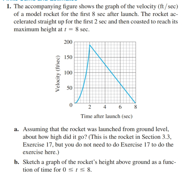 1. The accompanying figure shows the graph of the velocity (ft / sec)
of a model rocket for the first 8 sec after launch. The rocket ac-
celerated straight up for the first 2 sec and then coasted to reach its
maximum height at t = 8 sec.
200
150
100
50
2
4
6
Time after launch (sec)
a. Assuming that the rocket was launched from ground level,
about how high did it go? (This is the rocket in Section 3.3,
Exercise 17, but you do not need to do Exercise 17 to do the
exercise here.)
b. Sketch a graph of the rocket's height above ground as a func-
tion of time for 0 < t< 8.
Velocity (ft/sec)
