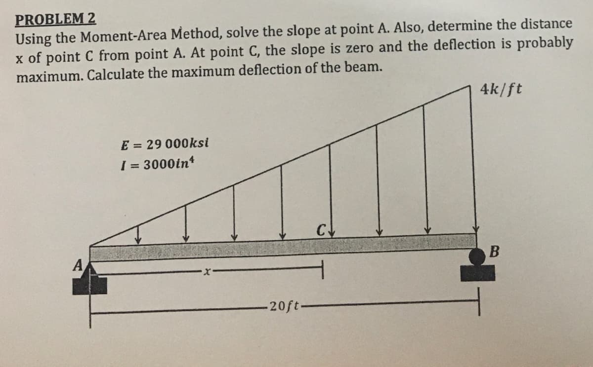 PROBLEM 2
Using the Moment-Area Method, solve the slope at point A. Also, determine the distance
x of point C from point A. At point C, the slope is zero and the deflection is probably
maximum. Calculate the maximum deflection of the beam.
A
E = 29 000ksi
I = 3000in¹
-20ft-
4k/ft