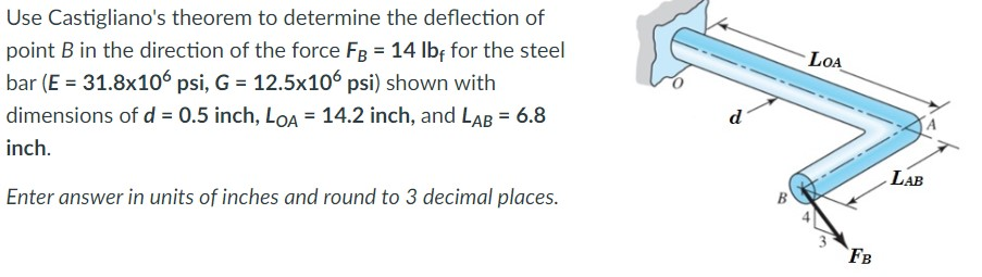Use Castigliano's theorem to determine the deflection of
point B in the direction of the force FB = 14 lbf for the steel
bar (E = 31.8x106 psi, G = 12.5x106 psi) shown with
dimensions of d = 0.5 inch, LOA = 14.2 inch, and Lab = 6.8
inch.
Enter answer in units of inches and round to 3 decimal places.
d
LOA
FB
LAB
