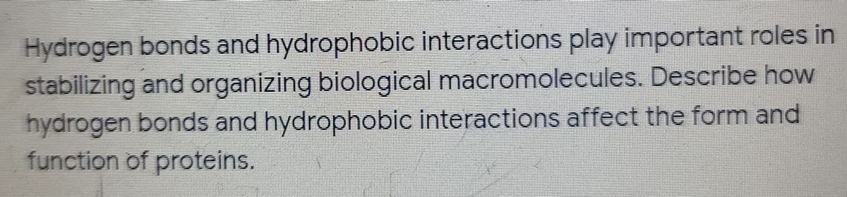 Hydrogen bonds and hydrophobic interactions play important roles in
stabilizing and organizing biological macromolecules. Describe how
hydrogen bonds and hydrophobic interactions affect the form and
function of proteins.
