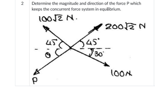 2
Determine the magnitude and direction of the force P which
keeps the concurrent force system in equilibrium.
100JZ N.
200N
45°
J30°
10OM
