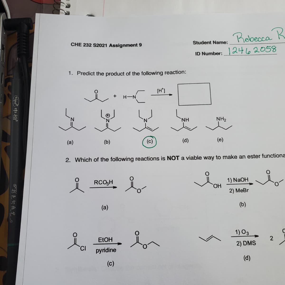 Rebecca K
CHE 232 S2021 Assignment 9
Student Name:
ID Number: 462058
1. Predict the product of the following reaction:
[H']
+
H-N
`NH
NH2
(a)
(b)
(d)
(e)
2. Which of the following reactions is NOT a viable way to make an ester functiona
RCO3H
1) NaOH
HO.
2) MeBr
(b)
1) 03
ELOH
2
CI
2) DMS
pyridine
(c)
(d)
Gipa中柏
『彩色勾线笔.。
