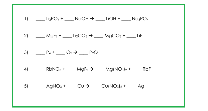 1)
2)
3)
4)
5)
Li3PO4 +
MgF₂ +
P4 +
RbNO3 +
AgNO3 +
NaOH →
Li2CO3 →
O2 →
-P2O3
MgF₂ →
LIOH +
MgCO3 +
Mg(NO3)2 +
Cu → Cu(NO3)2 +
Na3PO4
LiF
RbF
Ag