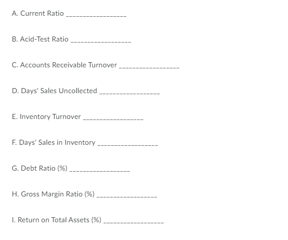 A. Current Ratio
B. Acid-Test Ratio
C. Accounts Receivable Turnover
D. Days' Sales Uncollected
E. Inventory Turnover .
F. Days' Sales in Inventory
G. Debt Ratio (%).
H. Gross Margin Ratio (%)
I. Return on Total Assets (%)
