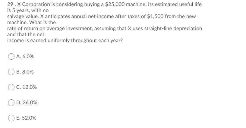 29. X Corporation is considering buying a $25,000 machine. Its estimated useful life
is 5 years, with no
salvage value. X anticipates annual net income after taxes of $1,500 from the new
machine. What is the
rate of return on average investment, assuming that X uses straight-line depreciation
and that the net
income is earned uniformly throughout each year?
A. 6.0%
B. 8.0%
C. 12.0%
D. 26.0%
E. 52.0%
