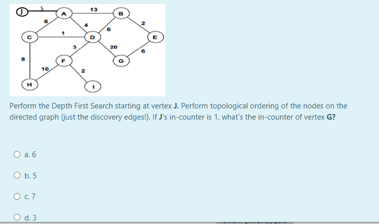 13
3.
20
10
Perform the Depth First Search starting at vertex J. Perform topological ordering of the nodes on the
directed graph (just the discovery edges!). If J's in-counter is 1, what's the in-counter of vertex G?
O a. 6
О .5
O .7
O d. 3
