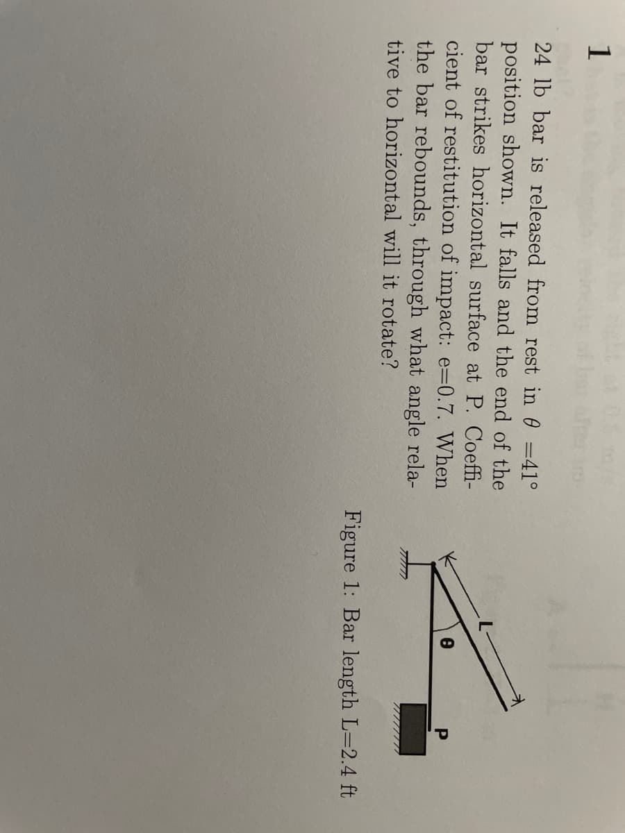 1
24 lb bar is released from rest in 0 =41°
position shown. It falls and the end of the
bar strikes horizontal surface at P. Coeffi-
cient of restitution of impact: e=0.7. When
the bar rebounds, through what angle rela-
tive to horizontal will it rotate?
Figure 1: Bar length L=2.4 ft
