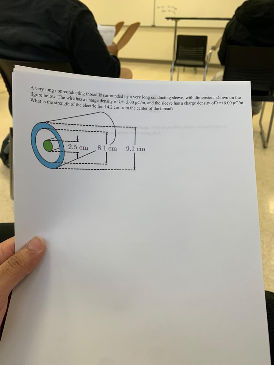 foure be non-conducting thread is surrounded by a very long conducting sleeve, with dimensions shown on the
igure below. The wire has a charge density of =3.00 uC/m and the sleeve has a charge density of 2-+6.00 µchm.
What is the strength of the electric field 4.2 cm from the center of the thread?
chage d the po
acting on i
2.5 cm
8.1 cm
9.1 cm
