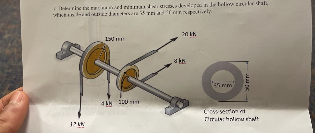 1. Determine the maximum and minimum shear stresses developed in the hollow circular shaft,
which inside and outside diameters are 35 mm and 50 mm respectively.
20 kN
150 mm
8 kN
35 mm
4 kN
100 mm
Cross-section of
Circular hollow shaft
12 kN
www
50 mm

