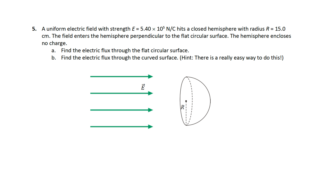 5. A uniform electric field with strength E = 5.40 × 105 N/C hits a closed hemisphere with radius R = 15.0
cm. The field enters the hemisphere perpendicular to the flat circular surface. The hemisphere encloses
no charge.
a. Find the electric flux through the flat circular surface.
b. Find the electric flux through the curved surface. (Hint: There is a really easy way to do this!)
E
R
