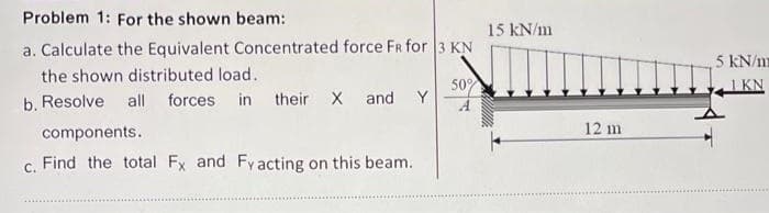 Problem 1: For the shown beam:
15 kN/m
a. Calculate the Equivalent Concentrated force FR for 3 KN
5 kN/m
1 KN
the shown distributed load.
50
b. Resolve all forces in their X and Y
components.
12 m
C.
Find the total Fx and Fyacting on this beam.
