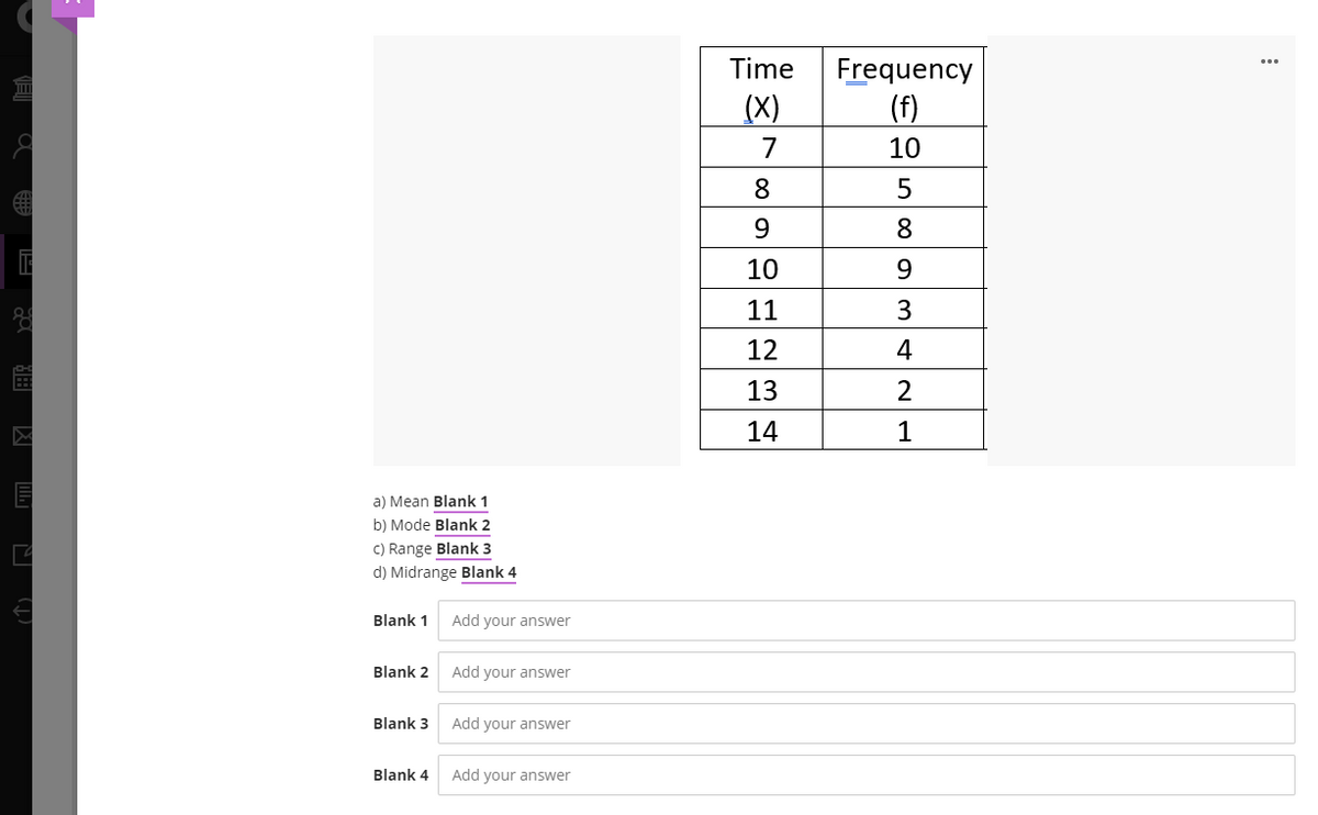 Time
Frequency
(f)
(X)
7
10
8.
9.
10
11
12
13
14
a) Mean Blank 1
b) Mode Blank 2
C) Range Blank 3
d) Midrange Blank 4
Blank 1
Add your answer
Blank 2
Add your answer
Blank 3
Add your answer
Blank 4
Add your answer
의 5 89|3|4|2| 1|
