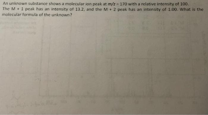 An unknown substance shows a molecular ion peak at m/z = 170 with a relative intensity of 100.
The M + 1 peak has an intensity of 13.2, and the M + 2 peak has an intensity of 1.00. What is the
molecular formula of the unknown?