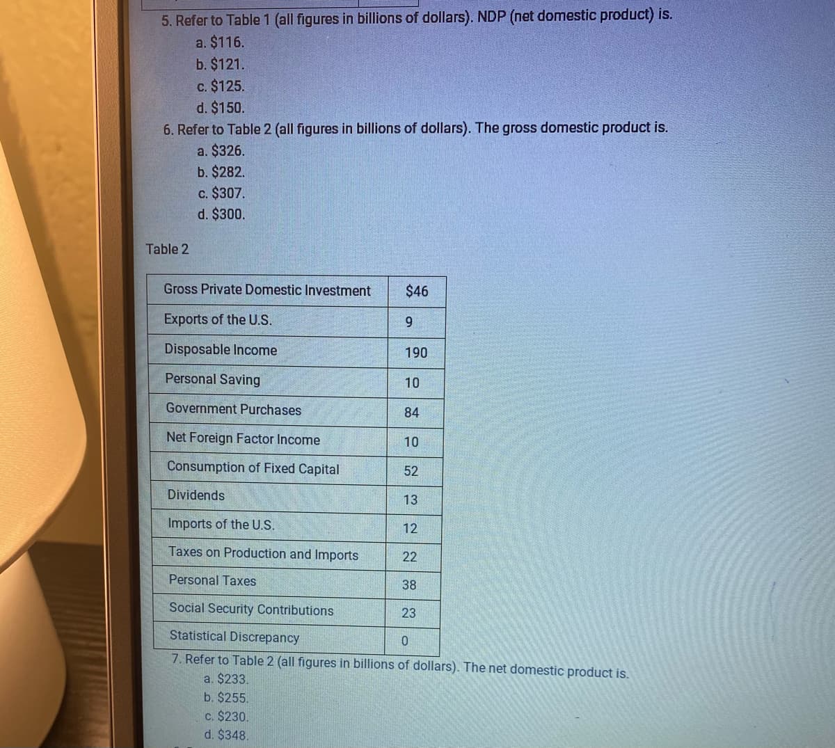 5. Refer to Table 1 (all figures in billions of dollars). NDP (net domestic product) is.
a. $116.
b. $121.
c. $125.
d. $150.
6. Refer to Table 2 (all figures in billions of dollars). The gross domestic product is.
a. $326.
b. $282.
c. $307.
d. $300.
Table 2
Gross Private Domestic Investment
$46
Exports of the U.S.
9
Disposable Income
190
Personal Saving
10
Government Purchases
84
Net Foreign Factor Income
10
Consumption of Fixed Capital
52
Dividends
13
Imports of the U.S.
12
Taxes on Production and Imports
22
Personal Taxes
38
Social Security Contributions
23
Statistical Discrepancy
7. Refer to Table 2 (all figures in billions of dollars). The net domestic product is.
a. $233.
b. $255.
c. $230.
d. $348.
