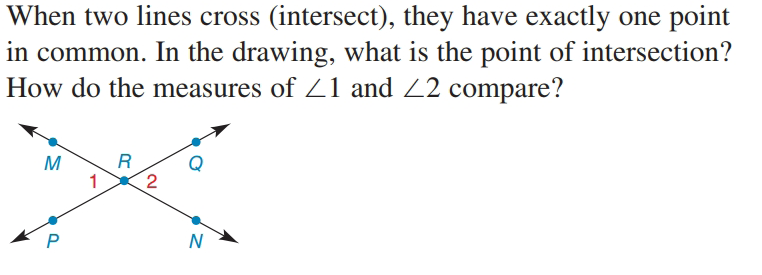 When two lines cross (intersect), they have exactly one point
in common. In the drawing, what is the point of intersection?
How do the measures of Z1 and 22 compare?
R
1
N
