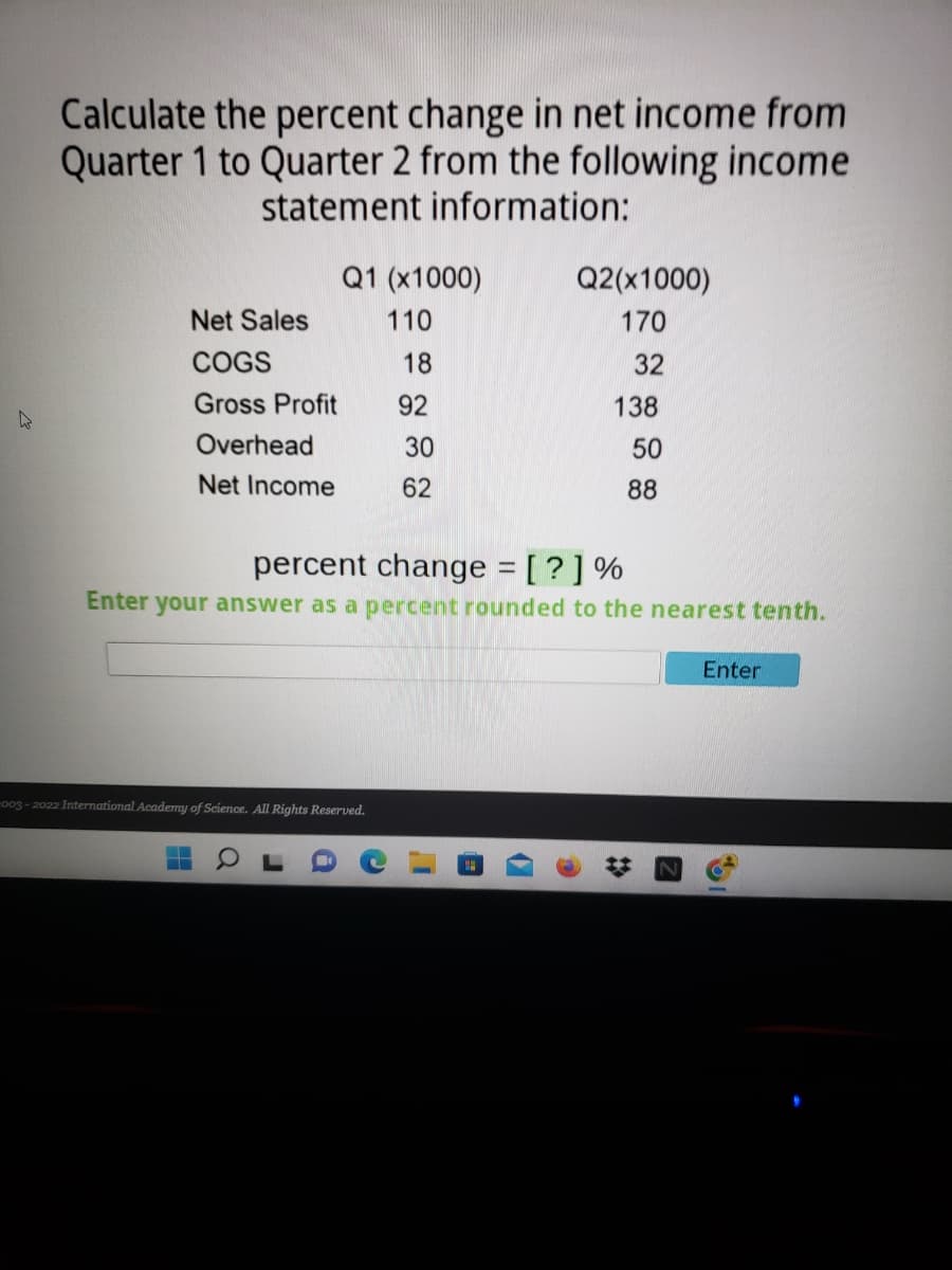 Calculate the percent change in net income from
Quarter 1 to Quarter 2 from the following income
statement information:
Q1 (x1000)
Q2(x1000)
Net Sales
110
170
COGS
18
32
Gross Profit
138
h
Overhead
30
50
Net Income
62
percent change = [?] %
Enter your answer as a percent rounded to the nearest tenth.
Enter
-003-2022 International Academy of Science. All Rights Reserved.
—
a
92
88
*
Z