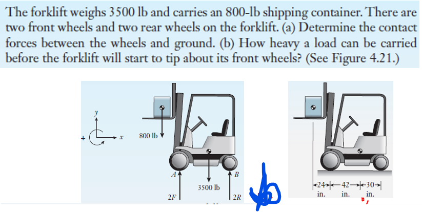 The forklift weighs 3500 lb and carries an 800-lb shipping container. There are
two front wheels and two rear wheels on the forklift. (a) Determine the contact
forces between the wheels and ground. (b) How heavy a load can be carried
before the forklift will start to tip about its front wheels? (See Figure 4.21.)
800 Ib
B
3500 lb
-24>-42→-30
in.
in.
in.
2F
2R
