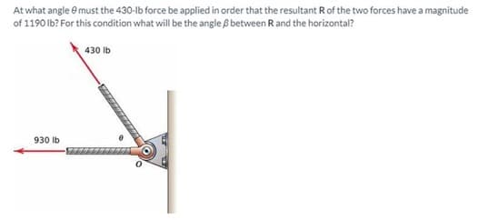 At what angle 8 must the 430-lb force be applied in order that the resultant R of the two forces have a magnitude
of 1190 lb? For this condition what will be the angle between R and the horizontal?
930 lb
430 lb