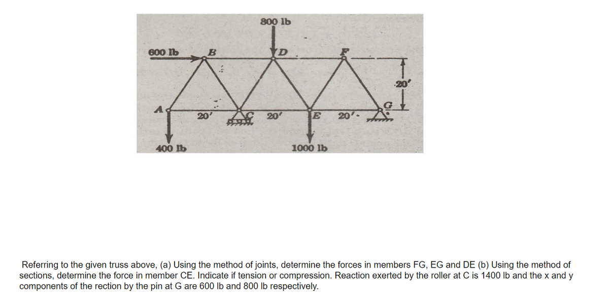 800 lb
600 Ib
VD
20
20
20
E
20
400 lb
1000 lb
Referring to the given truss above, (a) Using the method of joints, determine the forces in members FG, EG and DE (b) Using the method of
sections, determine the force in member CE. Indicate if tension or compression. Reaction exerted by the roller at C is 1400 lb and the x and y
components of the rection by the pin at G are 600 lb and 800 lb respectively.
