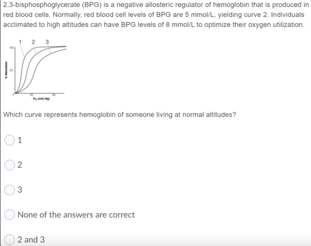 2,3-bisphosphoglycerate (BPG) is a negative allosteric regulator of hemoglobin that is produced in
red blood cells. Normally, red blood cell levels of BPG are 5 mmol/L, yielding curve 2. Individuals
acclimated to high altitudes can have BPG levels of 8 mmol/L to optimize their oxygen utilization.
Saturation
2 3
S
Which curve represents hemoglobin of someone living at normal altitudes?
1
2
Pos (mm Hg)
3
None of the answers are correct
2 and 3