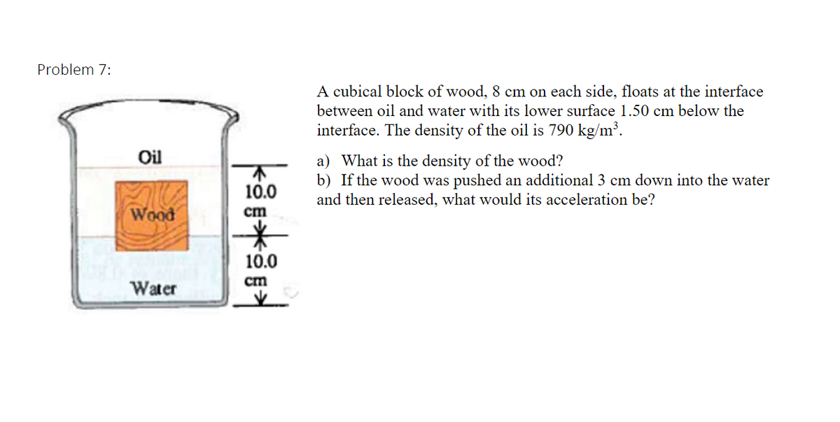 Problem 7:
A cubical block of wood, 8 cm on each side, floats at the interface
between oil and water with its lower surface 1.50 cm below the
interface. The density of the oil is 790 kg/m³.
Oil
不
10.0
a) What is the density of the wood?
b) If the wood was pushed an additional 3 cm down into the water
and then released, what would its acceleration be?
Wood
cm
10.0
cm
Water

