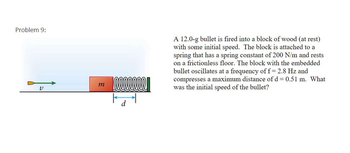 Problem 9:
A 12.0-g bullet is fired into a block of wood (at rest)
with some initial speed. The block is attached to a
spring that has a spring constant of 200 N/m and rests
on a frictionless floor. The block with the embedded
bullet oscillates at a frequency of f= 2.8 Hz and
compresses a maximum distance of d = 0.51 m. What
was the initial speed of the bullet?
d
