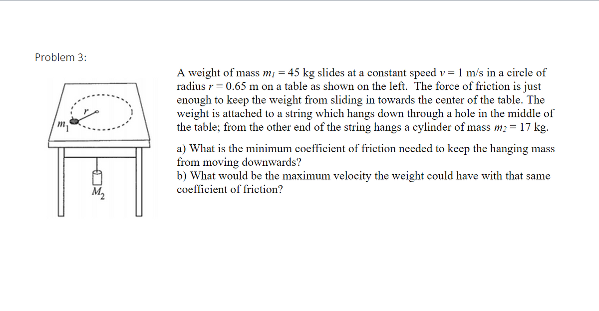 Problem 3:
A weight of mass m1 =
45 kg slides at a constant speed v = 1 m/s in a circle of
radius r = 0.65 m on a table as shown on the left. The force of friction is just
enough to keep the weight from sliding in towards the center of the table. The
weight is attached to a string which hangs down through a hole in the middle of
the table; from the other end of the string hangs a cylinder of mass m2 =
m
17 kg.
a) What is the minimum coefficient of friction needed to keep the hanging mass
from moving downwards?
b) What would be the maximum velocity the weight could have with that same
coefficient of friction?
M2
