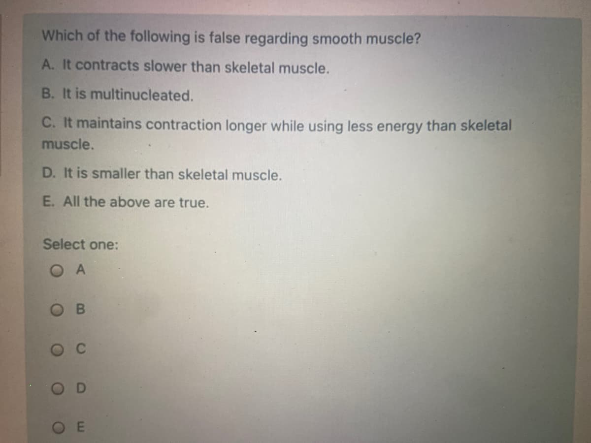 Which of the following is false regarding smooth muscle?
A. It contracts slower than skeletal muscle.
B. It is multinucleated.
C. It maintains contraction longer while using less energy than skeletal
muscle.
D. It is smaller than skeletal muscle.
E. All the above are true.
Select one:
O A
B
OD
O E
