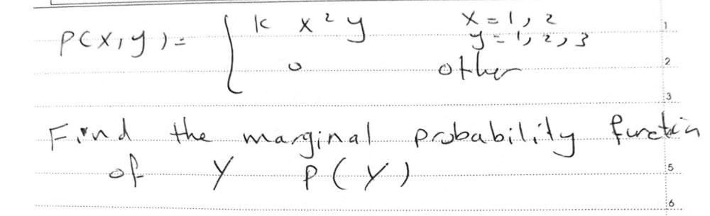 k
хчу
Pcx,y)
X=1,2
y=1,2,3
other
Find the marginal probability function
5
of
Y
P (Y)