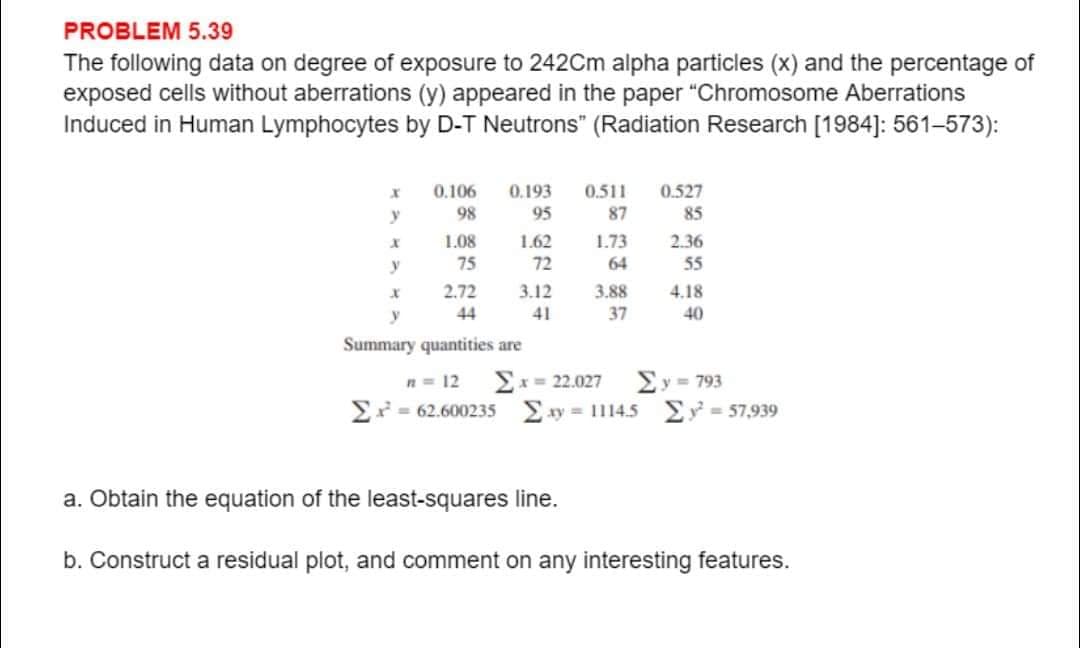 PROBLEM 5.39
The following data on degree of exposure to 242Cm alpha particles (x) and the percentage of
exposed cells without aberrations (y) appeared in the paper "Chromosome Aberrations
Induced in Human Lymphocytes by D-T Neutrons" (Radiation Research [1984]: 561-573):
0.106
0.193
0.511
0.527
y
98
95
87
85
1.62
72
2.36
55
1.08
1.73
y
75
64
2.72
3.12
3.88
4.18
44
41
37
40
Summary quantities are
Ex= 22.027
E* = 62.600235 xy = 1114.5 Ey = 57,939
Ey = 793
n= 12
a. Obtain the equation of the least-squares line.
b. Construct a residual plot, and comment on any interesting features.

