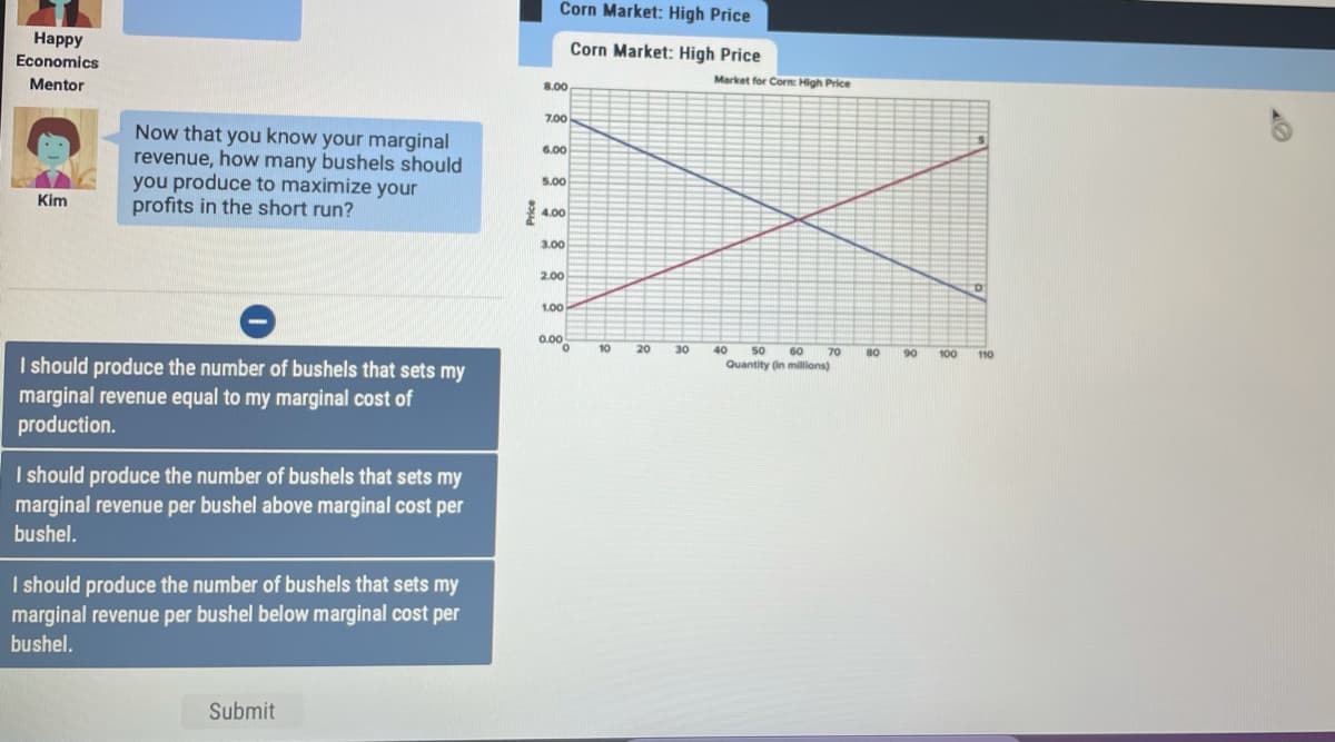 Corn Market: High Price
Нарру
Economics
Corn Market: High Price
Mentor
8.00
Market for Corn: High Price
7.00
Now that you know your marginal
revenue, how many bushels should
you produce to maximize your
profits in the short run?
6.00
5.00
Kim
4.00
3.00
2.00
1.00
0.000
10
20
30
40
50
60
70
Quantity (in millions)
80
90
100
110
I should produce the number of bushels that sets my
marginal revenue equal to my marginal cost of
production.
I should produce the number of bushels that sets my
marginal revenue per bushel above marginal cost per
bushel.
I should produce the number of bushels that sets my
marginal revenue per bushel below marginal cost per
bushel.
Submit
