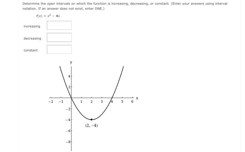 Determine the open intervals on which the function is increasing, decreasing, or constant. (Enter your answers using interval
notation. If an answer does not exist, enter DNE.)
f(x) = x2 – 4x
increasing
decreasing
constant
-2 -1
2 3 4 5
-2
-4
(2, –4)
-6
-8
1.
21
