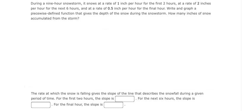 During a nine-hour snowstorm, it snows at a rate of 1 inch per hour for the first 2 hours, at a rate of 2 inches
per hour for the next 6 hours, and at a rate of 0.5 inch per hour for the final hour. Write and graph a
piecewise-defined function that gives the depth of the snow during the snowstorm. How many inches of snow
accumulated from the storm?
The rate at which the snow is falling gives the slope of the line that describes the snowfall during a given
period of time. For the first two hours, the slope is
. For the next six hours, the slope is
For the final hour, the slope is
